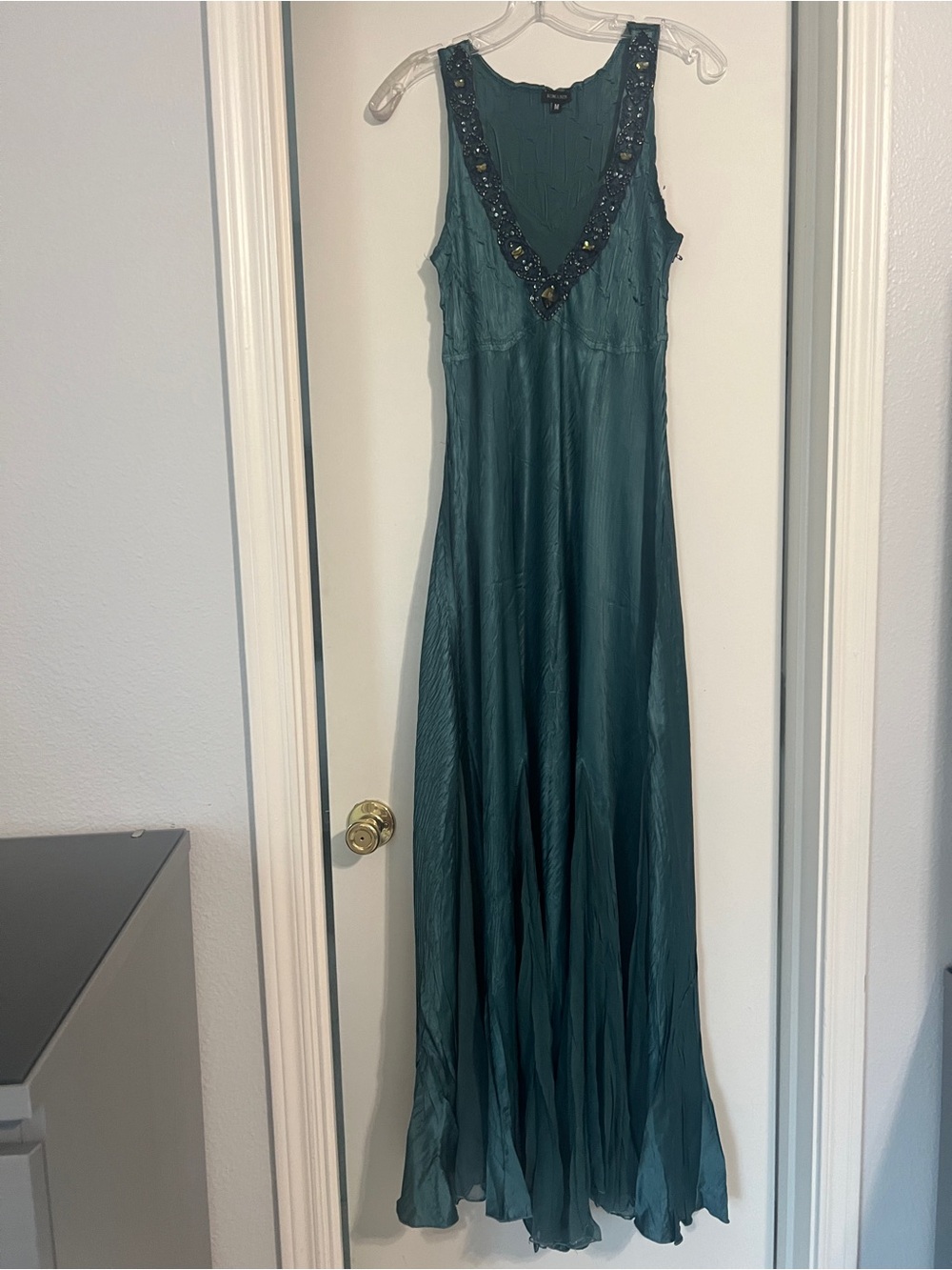 Komarov Teal V-Neck Embellished Evening Gown Maxi Dress NWT 90s Elegant Flowy M